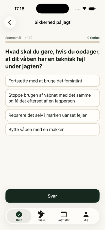 Skærmbillede af et quizspørgsmål i Jagtprøven